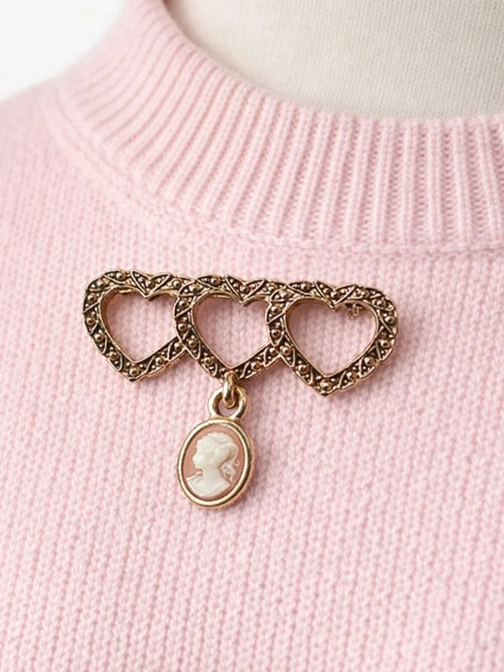 Triple Heart Gold Tone Brooch with Cameo - Picture 1 of 6